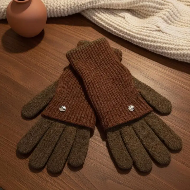 Korean Knitted Touchscreen Gloves Women's Splicing Color Versatile Fashion Two Finger Thick Warm Outdoor Skiing Plush Gloves
