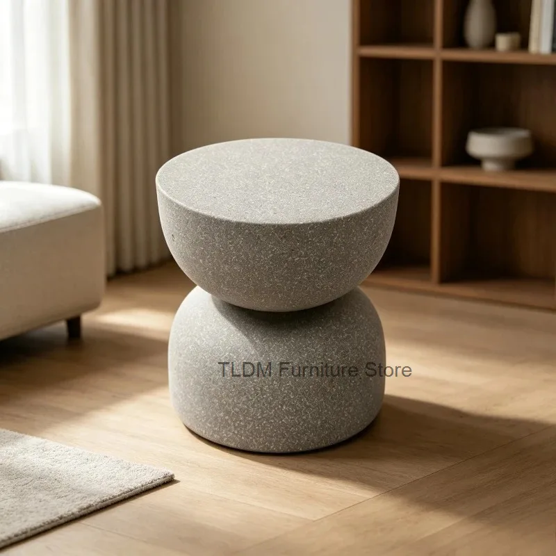 Double Bowl Shaped Grain Texture Side Table Solid Sculpture Accent Stool Minimalist Decor End Table for Living Room Sofa