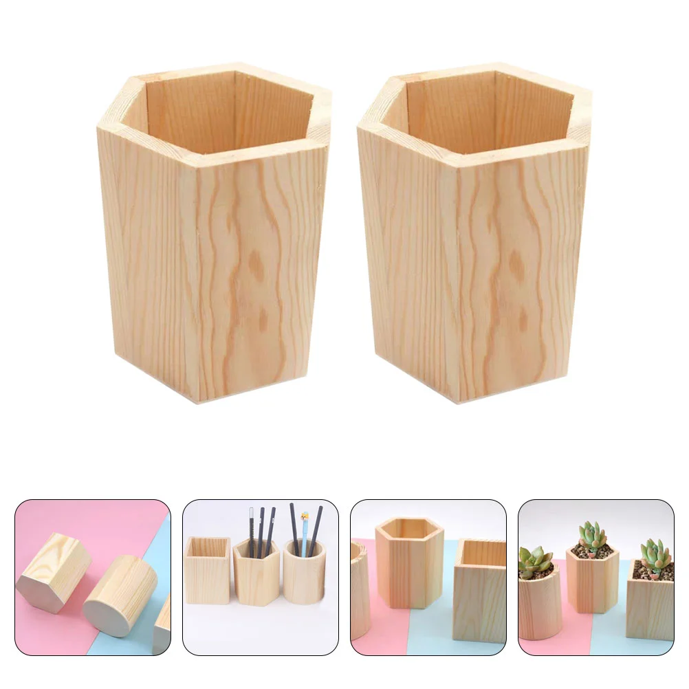 2 Pcs Pine Pen Holder Desktop Brush Kitchen Utensil Pencil Organizer Cable Succulents Wood Pot
