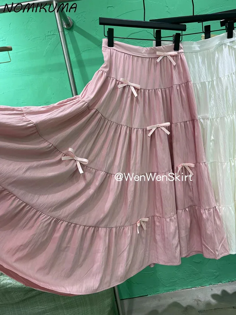 Nomikuma 2024 Spring/Summer Beach Long Skirt Korean Sweet Chic Bow Decoration Splicing Causal A-line Skirts Mujer Faldas