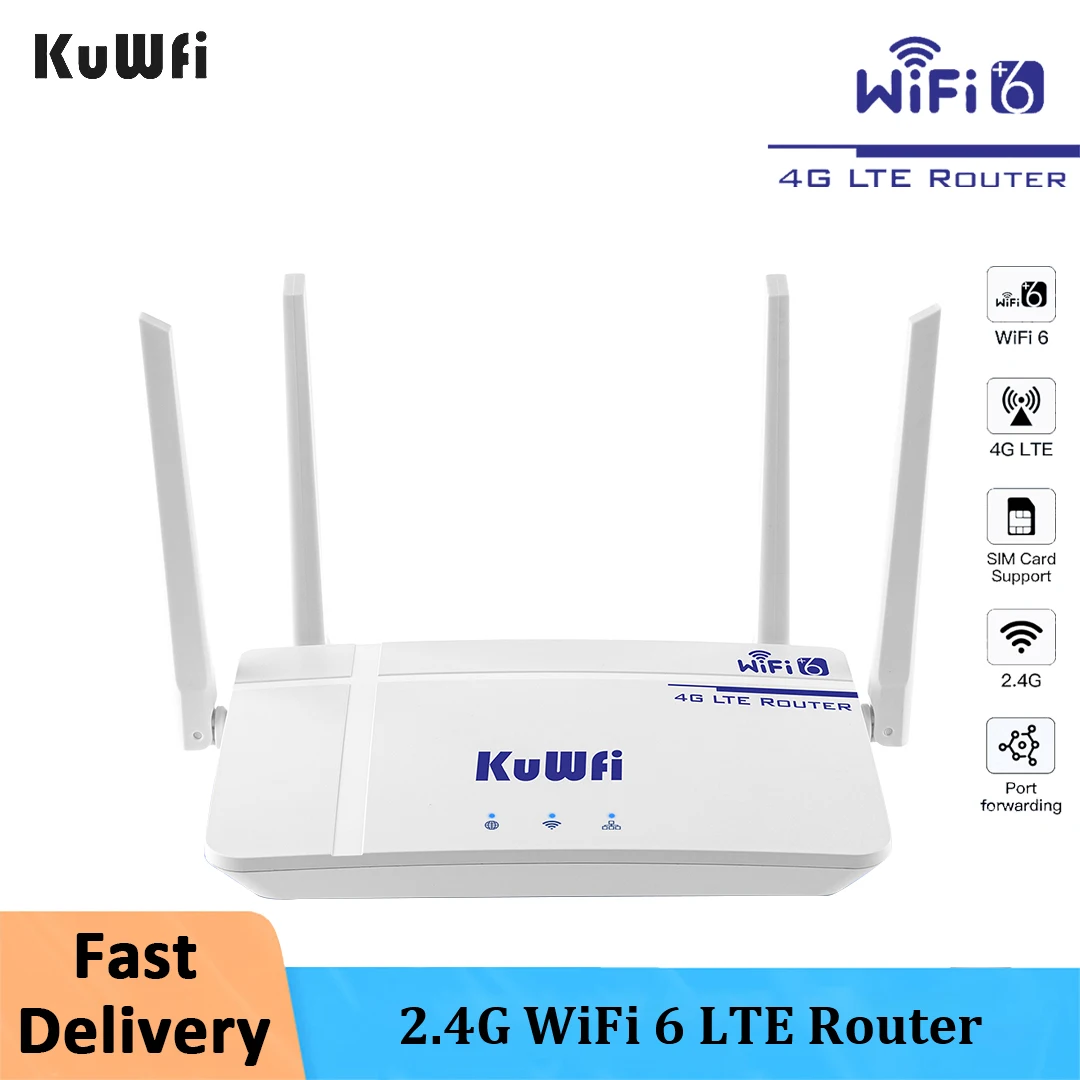 KuWFi 2.4G LTE 라우터 홈 핫스팟 와이파이 6 와이파이 라우터, LAN WAN IPV6/IPV4, SIM 카드 슬롯 지지대, 10 사용자 와이파이 커버리지 