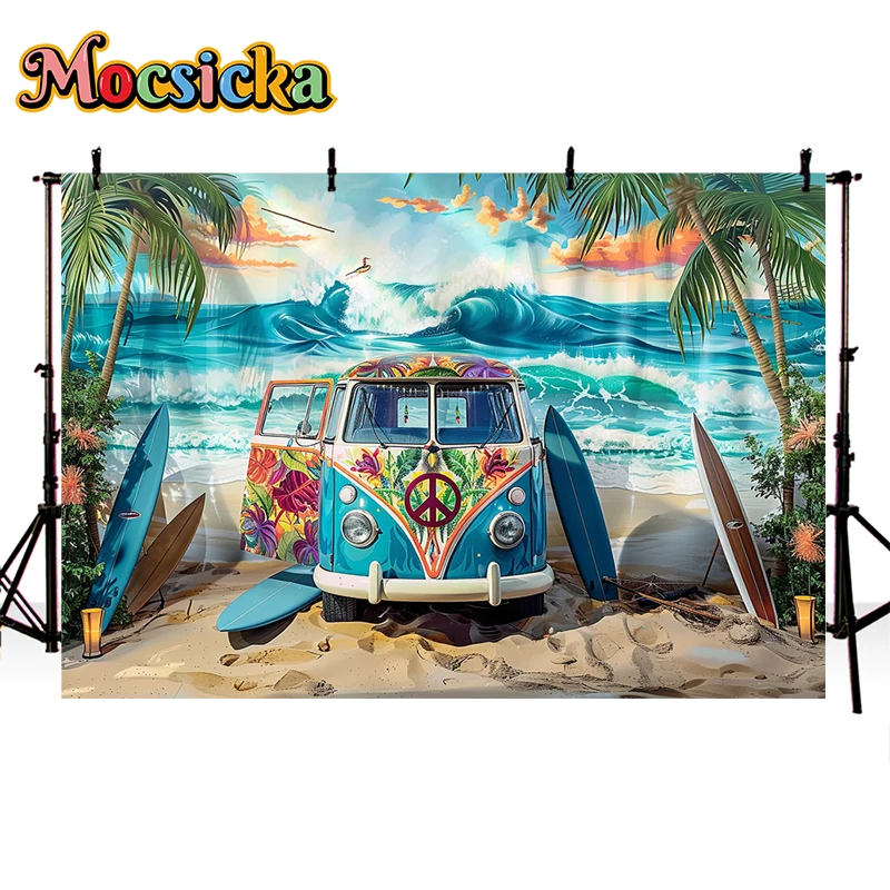 Mocsicka Photography Background Summer Beach Car Ocean Waves Baby Shower Cake Smash Kids Portrait Backdrop Photo Studio