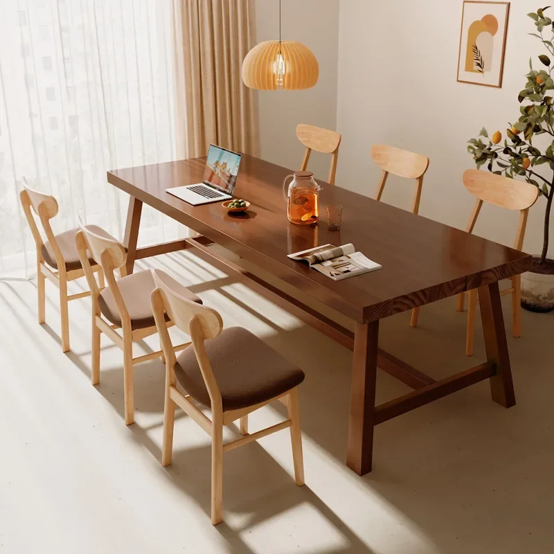 

Solid Wood Dining Table Household Walnut Rectangular Chinese-style Large Log Wind Table and Chairs Dining Table Set