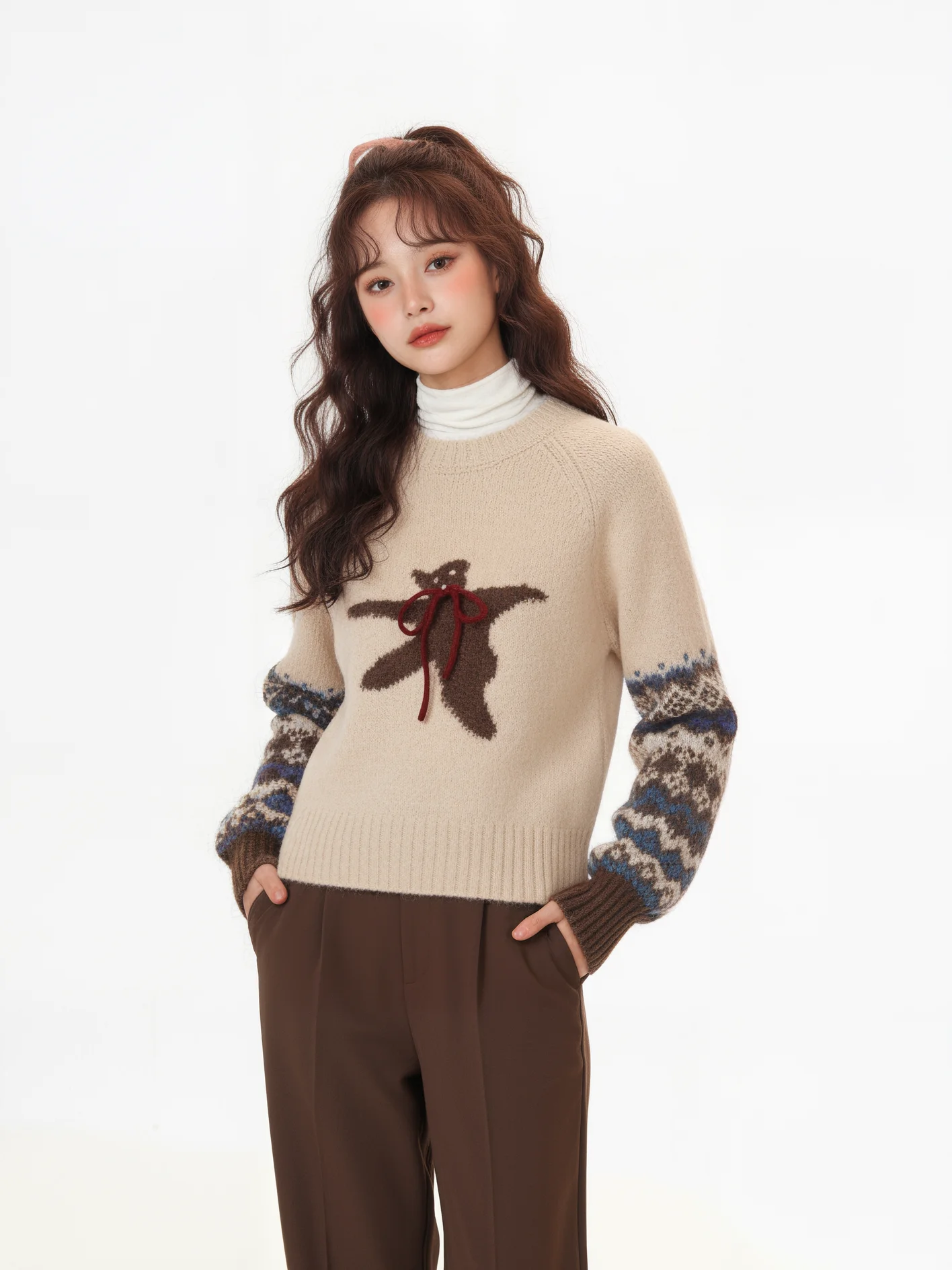 

Sweet Sle Bear Bow Knot Pullover Sweater Women Loose Autumn Winter New round Ne ort Knitted Top Soft Acrylic Polyester ...