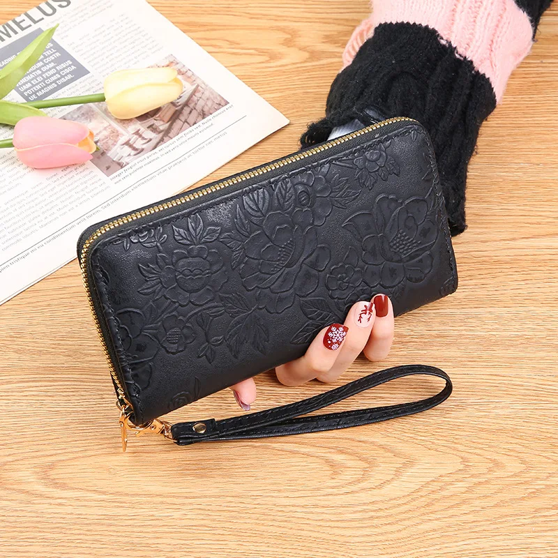 Monedero largo con cremallera para mujer, Cartera de teléfono agrandada para mujer, diseño en relieve, bolso de dinero minimalista a la moda, monederos de cuero para mujer