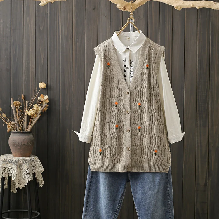Spring Autumn Large Size 200 Pounds Artistic Embroidered Youthful Knitted Open Cardigan Vest V-neck Sleeveless Sweater Jacket...