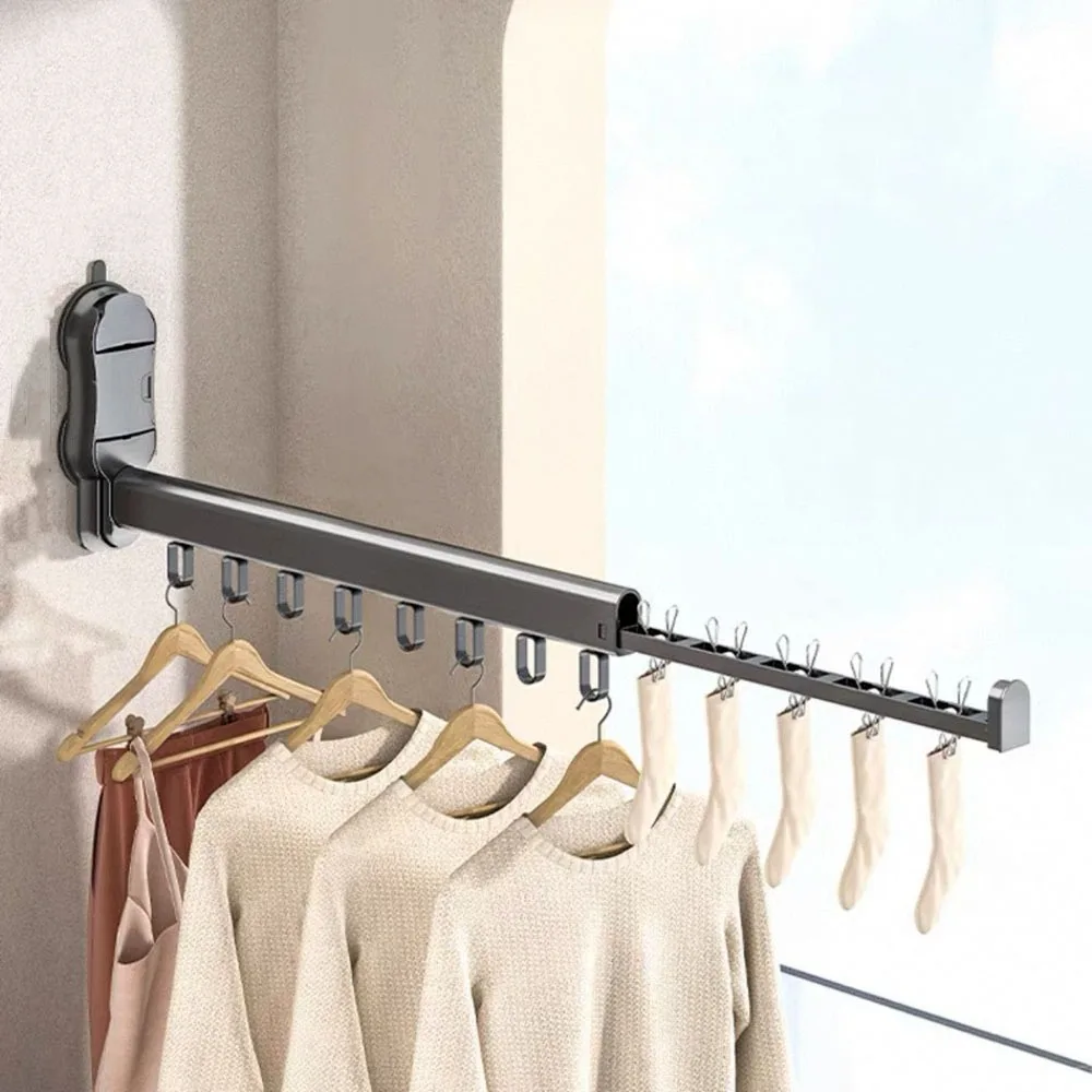 

Aluminum Alloy Folding Clothes Rack Large Capacity Wall Mounted Telescopic Clothes Drying Rod with Suction Cup Space Saving
