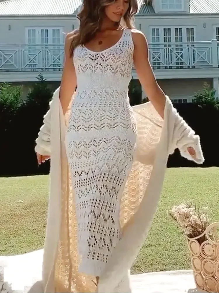 Sommer Frau weiße Tunika sexy V-Ausschnitt ärmellose Weste ausgehöhlt gestrickte Wickel Strand langes Kleid Beach wear Vertuschungen