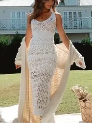 Summer 2024 Woman White Tunic Sexy V Neck Sleeveless Vest Hollowed Out Knitted Wrap Beach Long Dress Beachwear Cover-ups