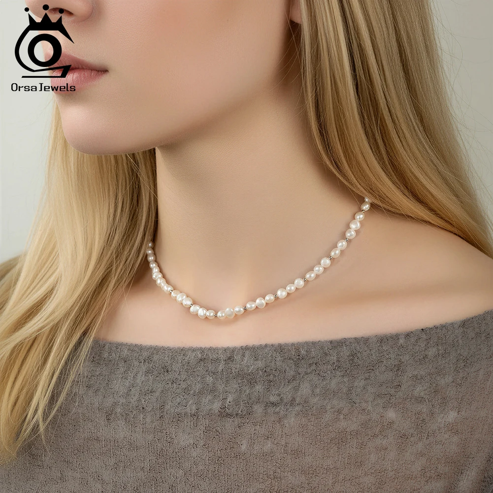 ORSA JEWELS 925 Sterling Silver 3-4mm Natural Pearl Beaded Necklace For Women Temperament  Birthday Gift Jewelry Party GPN94