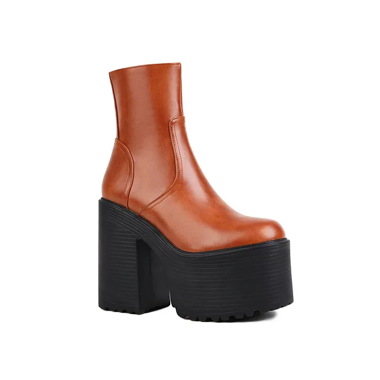 Big size Oversize Large size Round toe Thick Heel platform boots Height Increasing womens fashion boots Women shoes leather