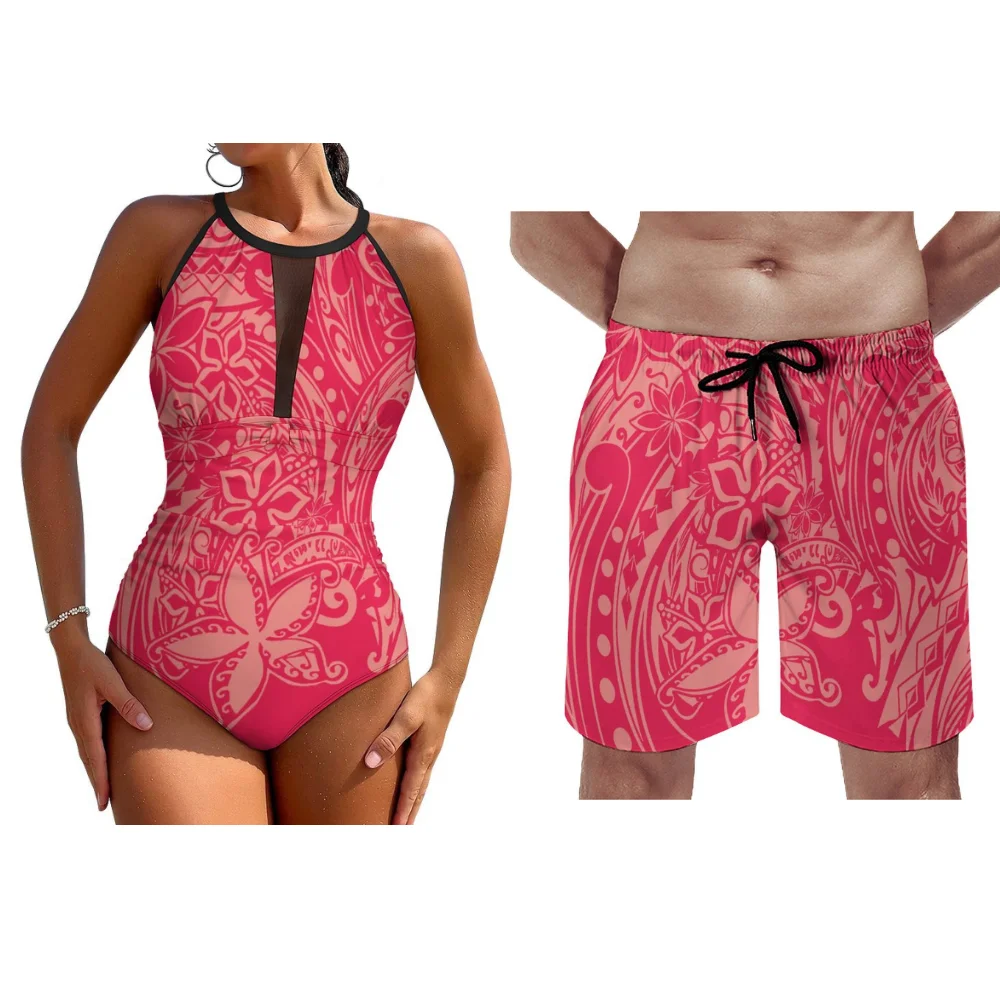 Paare Surf Set Hawaii Resort Strand einteiligen Badeanzug für Frauen sexy Ausschnitt Halfter für Männer Shorts benutzer definierte polynesische Druck