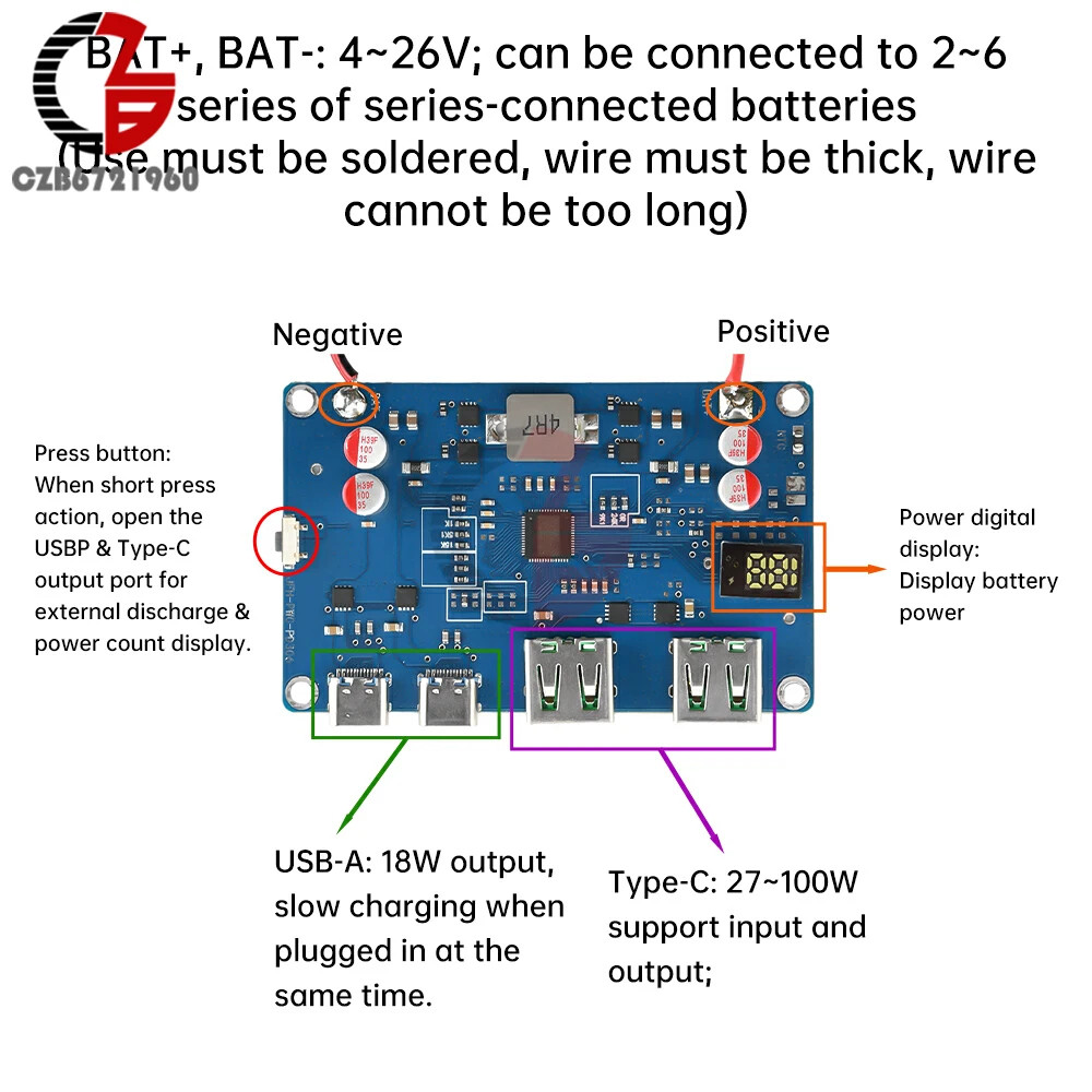 

2-6S 100W PD QC Bidirectional Fast Charging Module DIY Power Bank Mobile Power Module Lithium Battery Protection Motherboard