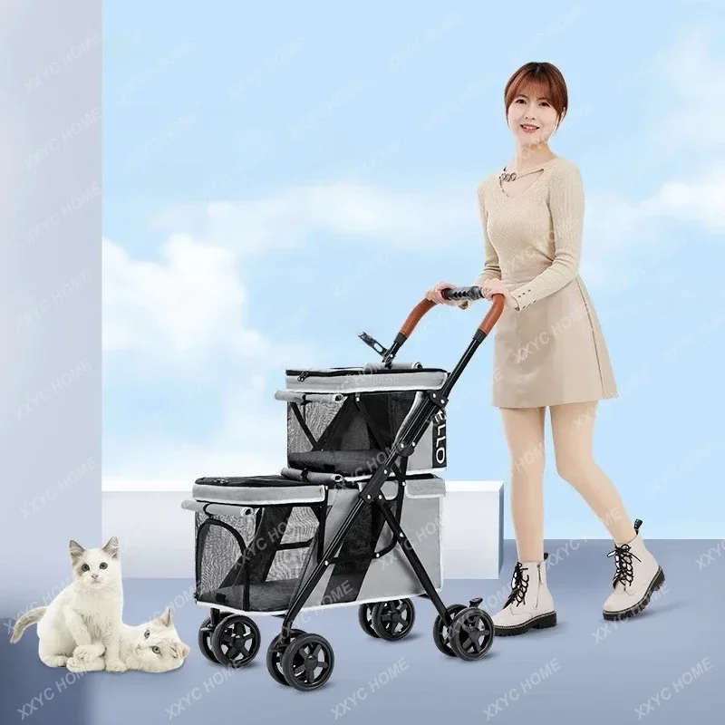 TTHome Dog Cat Double-decker Stroller Lightweight Folding Portable Pet Strollers Simple Modern Dog Trolley Travel Pet Supplies