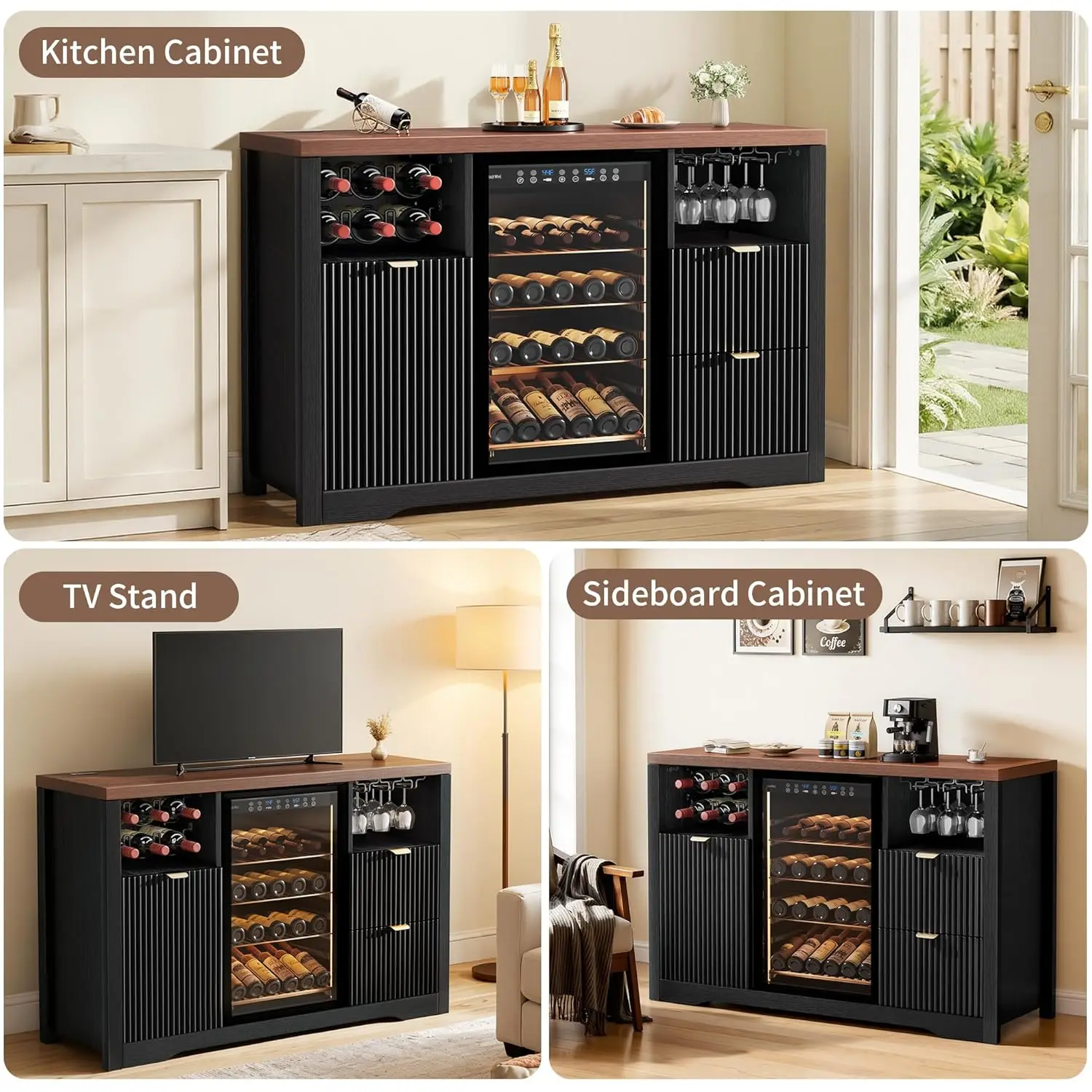 Coffee Bar Cabinet with Fridge Space, 53" L Kitchen Wine Cabinets with Storage Drawer, Wood Buffet Sideboard Tables, Customized