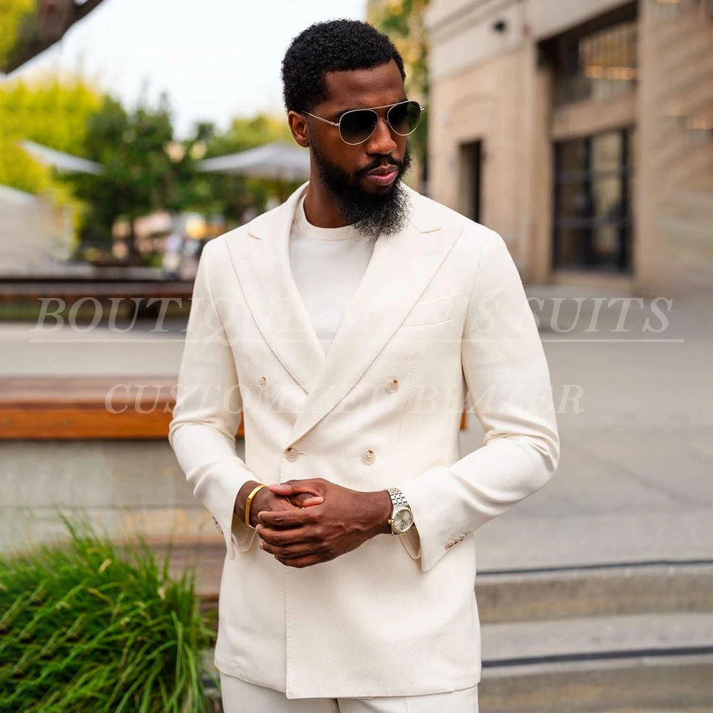 

Handsome Suits for Men Chic Double Breasted Peak Lapel Slim Fit Outfits High Quality Wedding 2 Piece Jacket Pants Costume Homme
