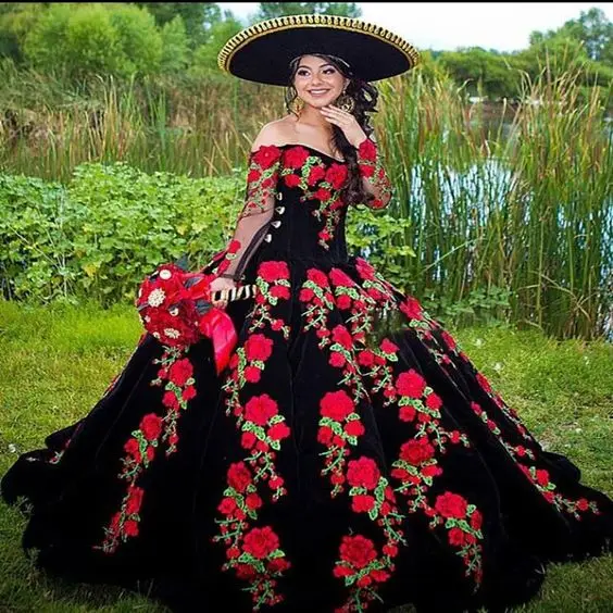 Vestido princesa Quinceanera, vestido de baile mexicano Cinderela, bordado floral rosa, manga comprida, 16 vestidos doces, 15 anos