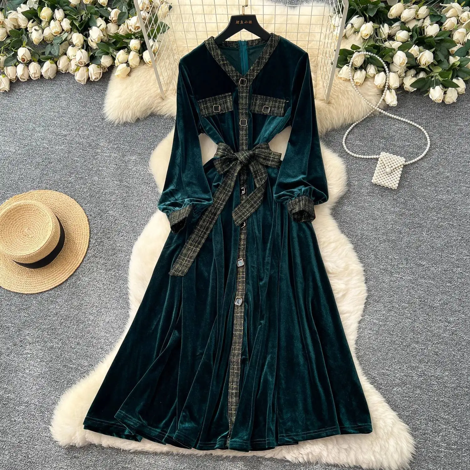 أنيقة خمر القطيفة واحدة الصدر مطوي أنيقة الجنية الكورية أزياء بوهو فستان الشمس النساء الملابس فستان طويل