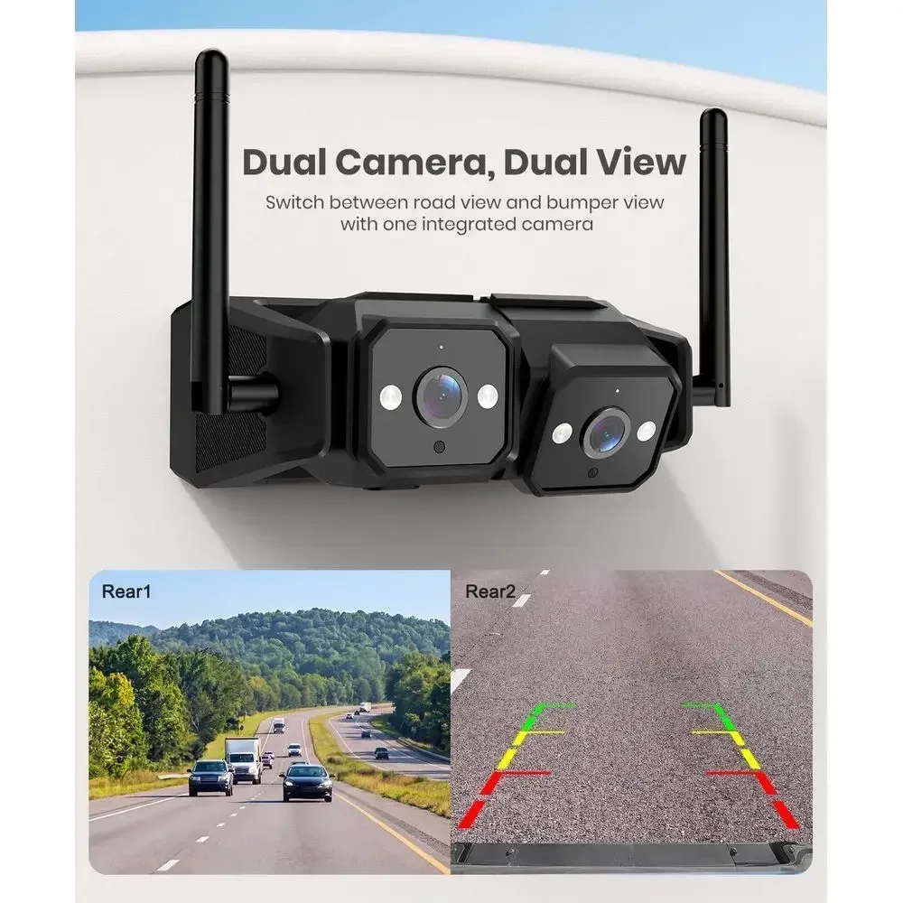 Wireless RV Backup Camera: Dual Lens Road and Bumper View, Dual Antenna Smooth Live View, 7.2