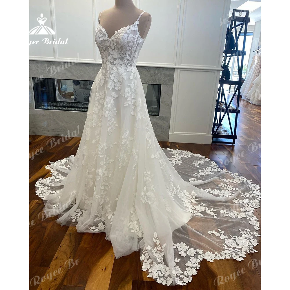 

Roycebridal Lace Floral Cut-out Court Train Wedding Dress Customized Spaghetti Straps Bridal Gwon vestidos de novia sirena