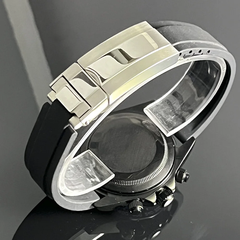 39mm Men's Black Stainless Steel Quartz Watch with Chronograph Crystal Sapphire VK63 Movement Steel Blue Dial Rubber Strap