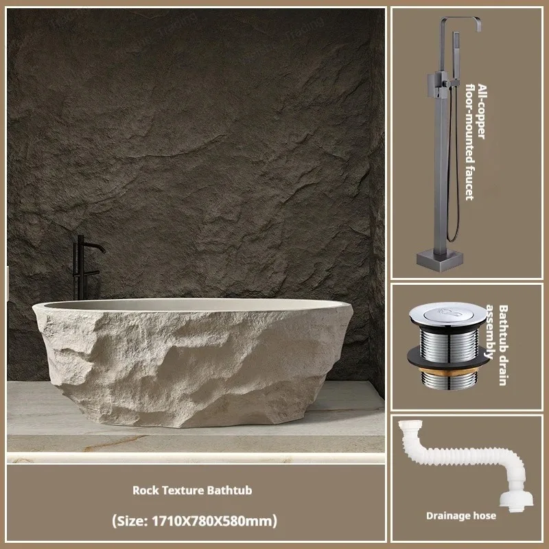 Stone Look Bathtub, Compact One-Piece Freestanding Tub, Heat Retaining & Easy-Clean, Body Fit Design, Customizable