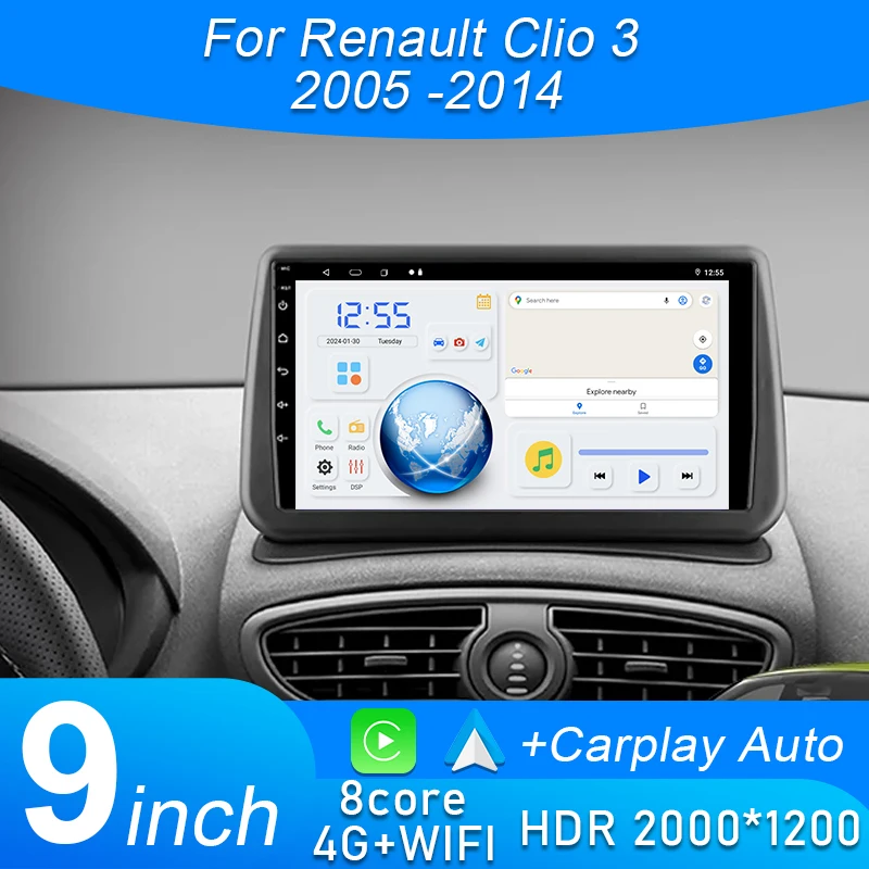 

Android 15 Carplay Car Radio For Renault Clio 3 CLIO 3 2005 2006 2007 - 2014 Navigation GPS Multimedia Player WiFi+4G stereo BT