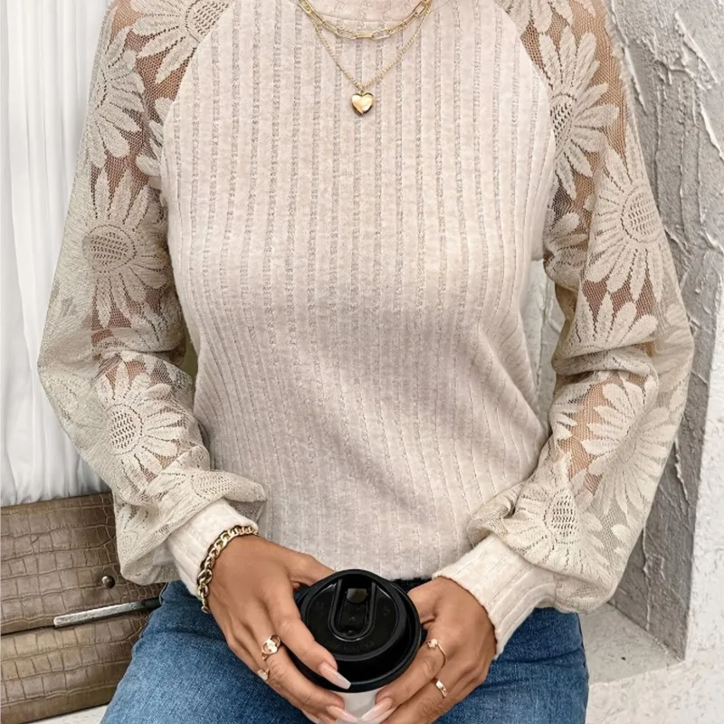 

Повседневный женский топ, свободный повседневный однотонный универсальный осенне-зимний пуловер, полый кружевной сращенный ​ ​ пуловер с длинным рукавом и круглым вырезом
