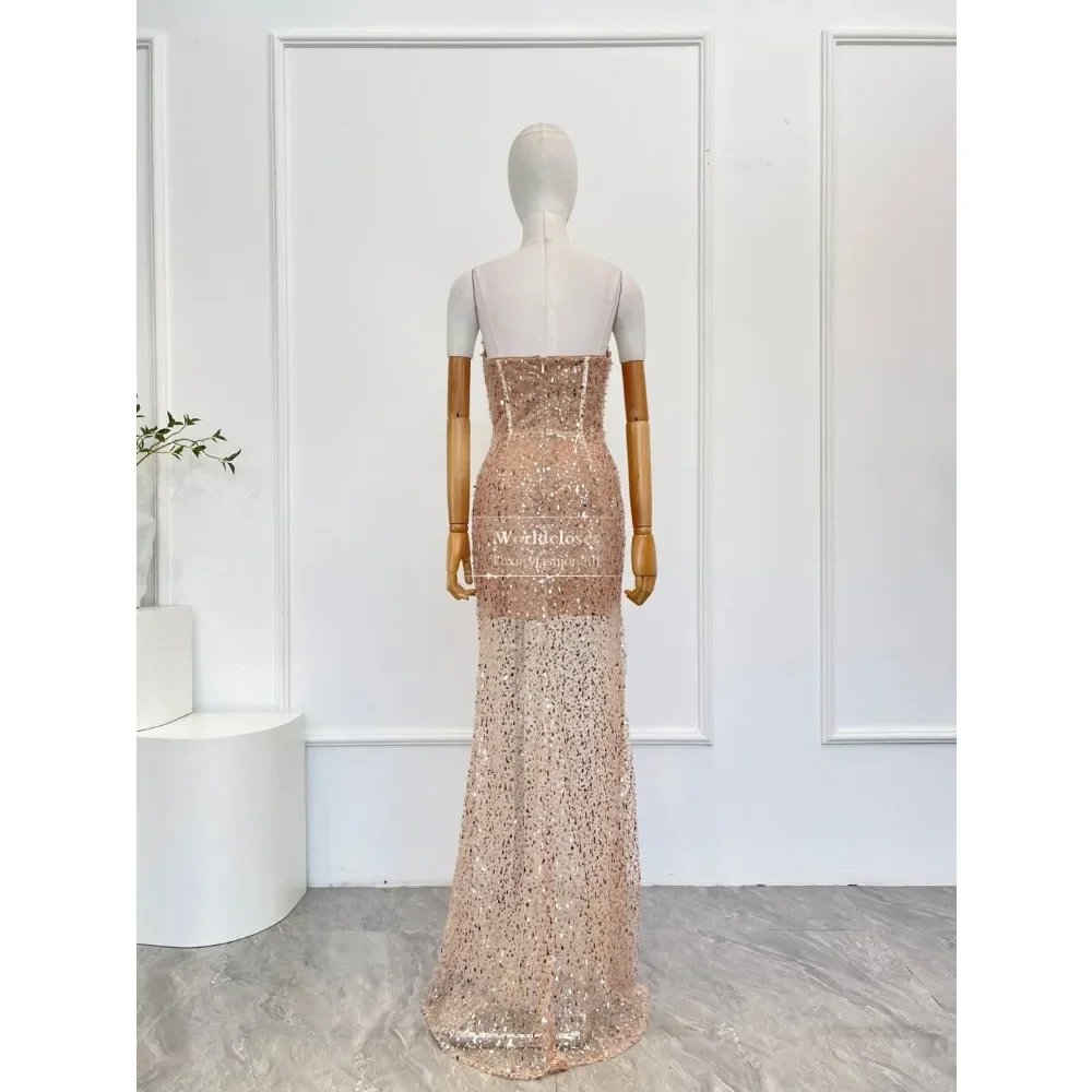 Paillettes perles sans manches dos nu poussiéreux rose Tube Maxi robes pour la fête