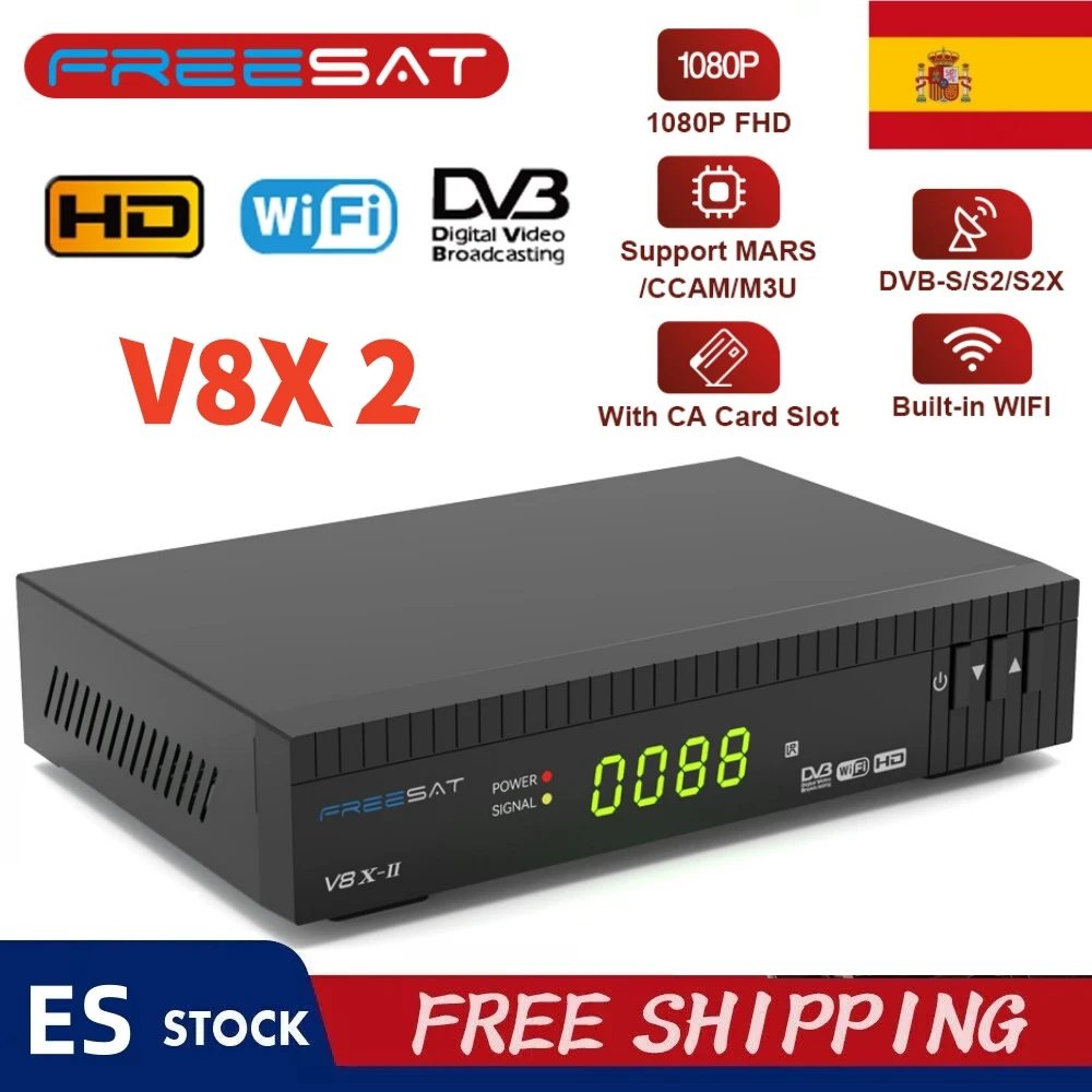 Receptor de TV Satelital FREESAT V8X 2 DVB-S/S2/S2X, WIFI Integrado, FUNCAM/MARS/CCAM/M3U, Decodificador de TV HD 1080P con Ranura para Tarjeta CA para España