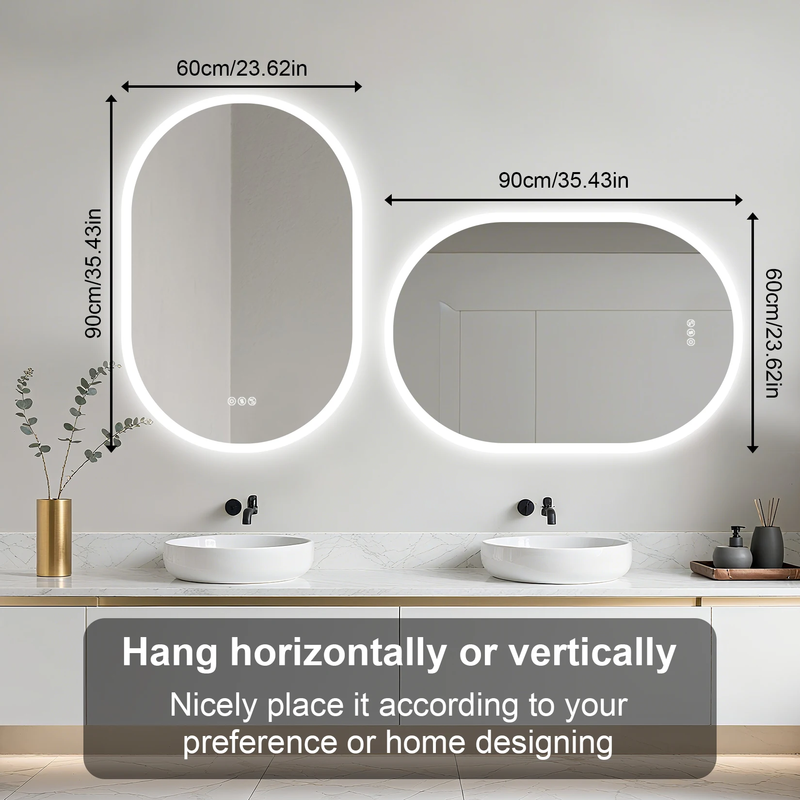 Led Bathroom Mirror 900x600mm Oval Illuminated Wall Vanity Mirror w Bluetooth, 3 Colors Change, Temperature, Defogging Functions
