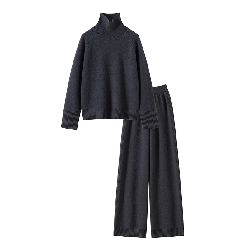 Autumn/Winter Women's Matching Set 100% Cashmere Thickened High Collar Hoodie Sweater Casual Elastic Waist Pants Two Piece Set