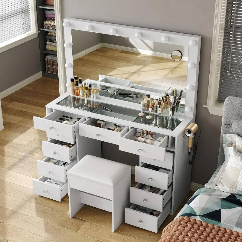 FUSOU Vanity Desk with Power Outlet, Makeup Vanity with Mirror and 12 LED Lights, 3 Lighting Modes,11 Drawers Vanity Table