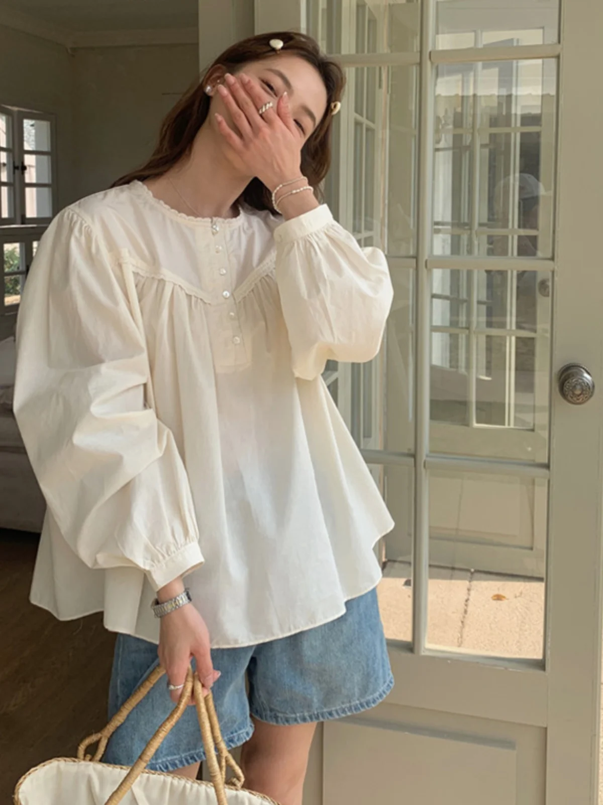 

Шикарный длинный све женский irt Sweet Lace Splice round Ne Loose Versatile Doll Top Весенняя верхняя одежда для поездок на работу Sle Pure ...