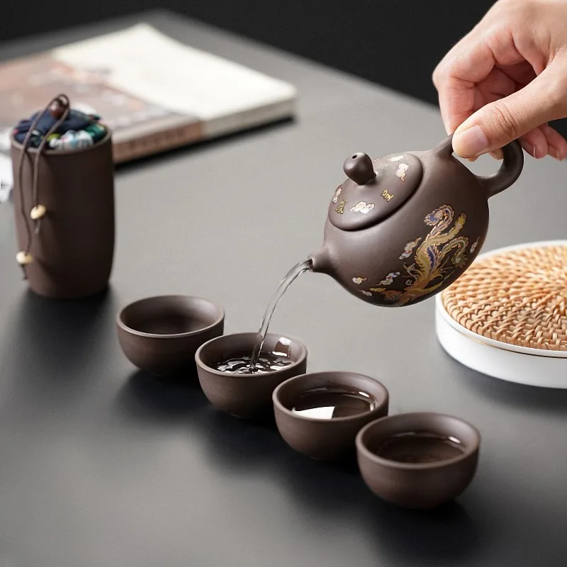 Purple Clay Travel Tea Set with One Pot And Four Cups Portable Outdoor Storage Quick Cup Kung Fu Style Small Gift Set