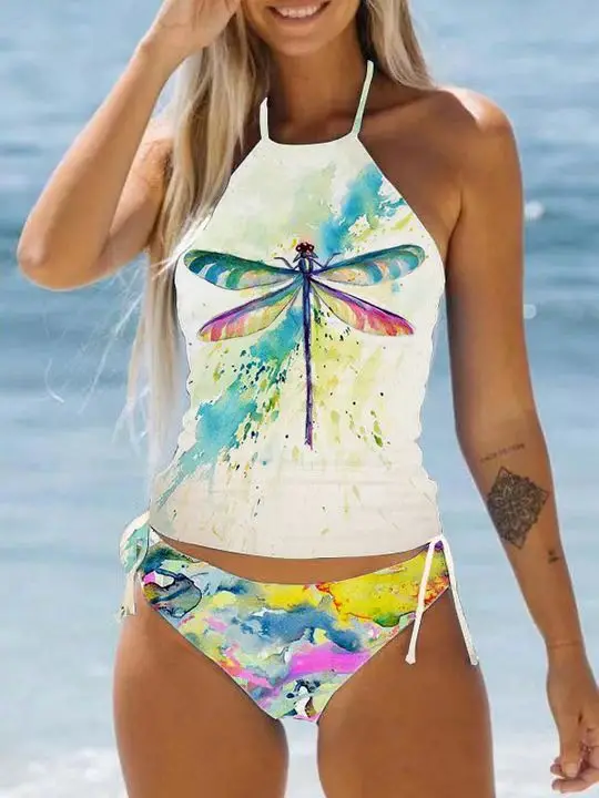 Damen Badeanzug Kokosnuss Kordel zug Seite Neck holder Hals Tankini Set Strand tragen süße Bade bekleidung Mode Split Badeanzug neu