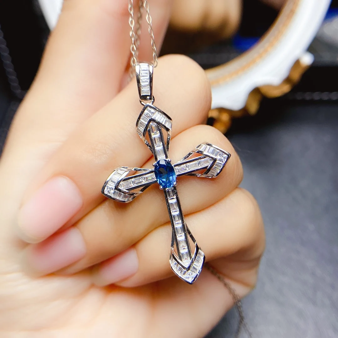 FS Natural Aquamarine/Topaz/Emerald Cross Pendants S925 Sterling Silver Fine Fashion Charm Wedding Jewelry for Women MeiBaPJ