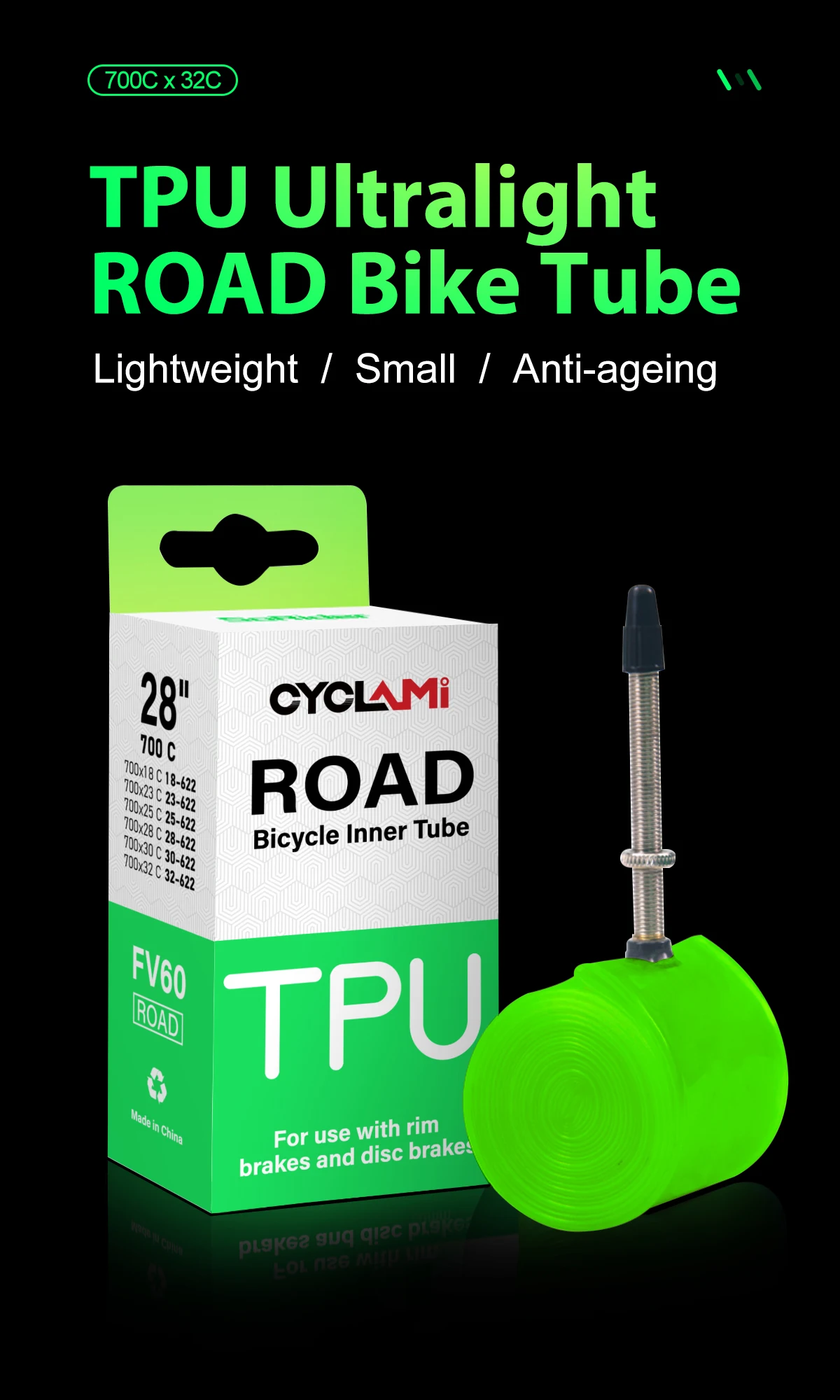 CYCLAMI Ultraleichter Fahrrad-TPU-Schlauch 700C 700 x 18 23 25 28 30 32 Rennrad-TPU-Material Reifen 45 mm 60 mm Länge französisches Ventil – Detail 2