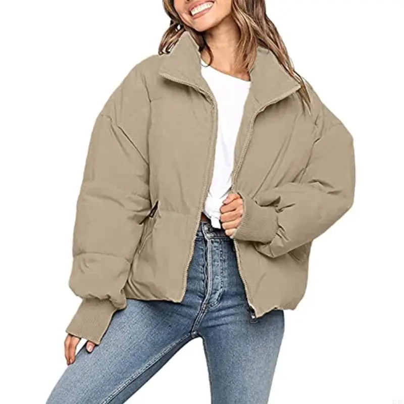 77HE Women's Winter Long Sleeve Zipper Padded Pocket Loose Short Coat