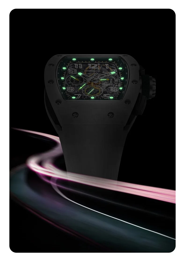 CRONUSART 남자 크로노 그래프 시계 토노 탄소강 케이스 50mm * 42mm 자동 기계식 손목 시계 빛나는 불소 고무 스트랩