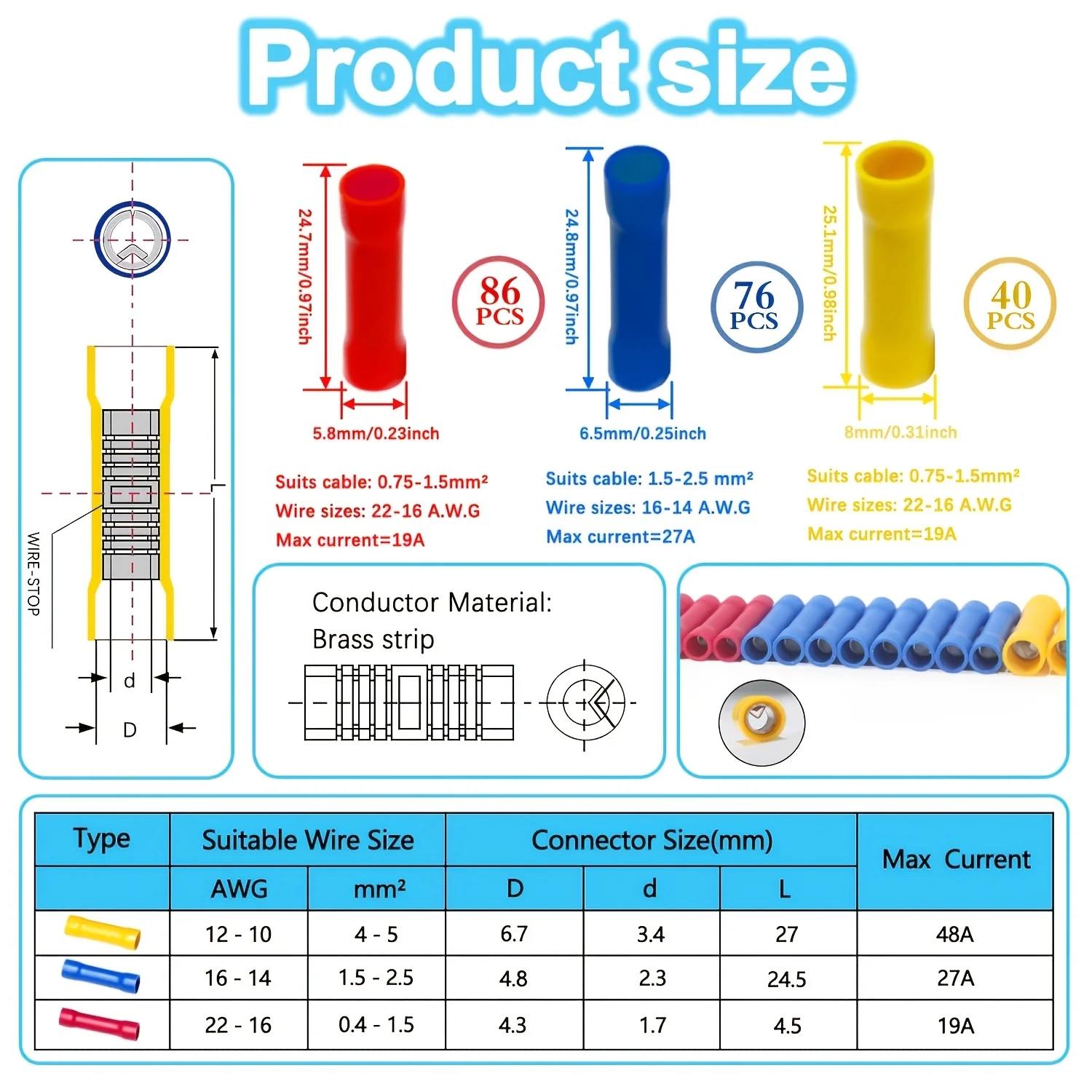 202 PCS Cable Connector Kit, 22-10 AWG Electrical Crimp Terminal Connector Kit, Suitable For Full Insulation Straight Crimp Terminals For 22, 20, 18, 16, 14, 12, And 10 Gauge Wires