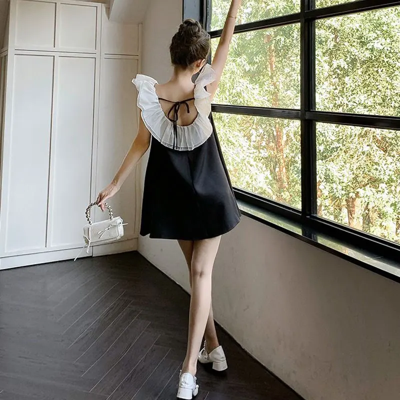 Summer Ruffled Neck Dresses French Style Sleeveless Female Clothing Stylish Bow Elegant Drawstring Backless Straight Midi Dress