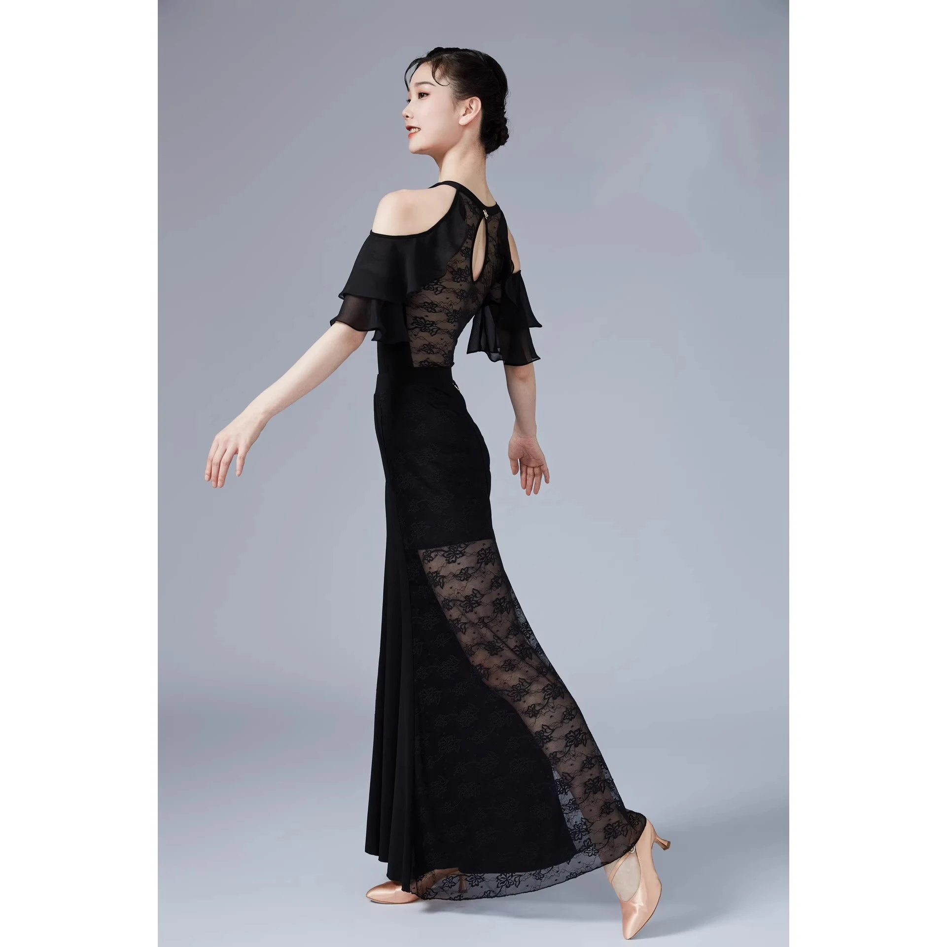 Women Modern Dance Pants Lace Mesh High Waist Trousers National Standard Dance Costumes Ballroom Dance Practice Pants DN21967