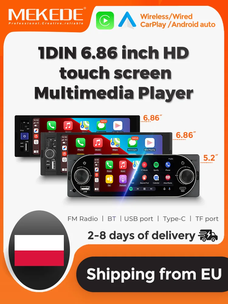 MEKEDE 6.86 Calowy Uniwersalny Odtwarzacz Samochodowy 1Din MP5 Bezprzewodowy CarPlay Android Auto HD Dotykowy Ekran Radio Samochodowe Stereo BT FM USB Type-C Karta TF Mirror Link Nawigacja GPS — 2
