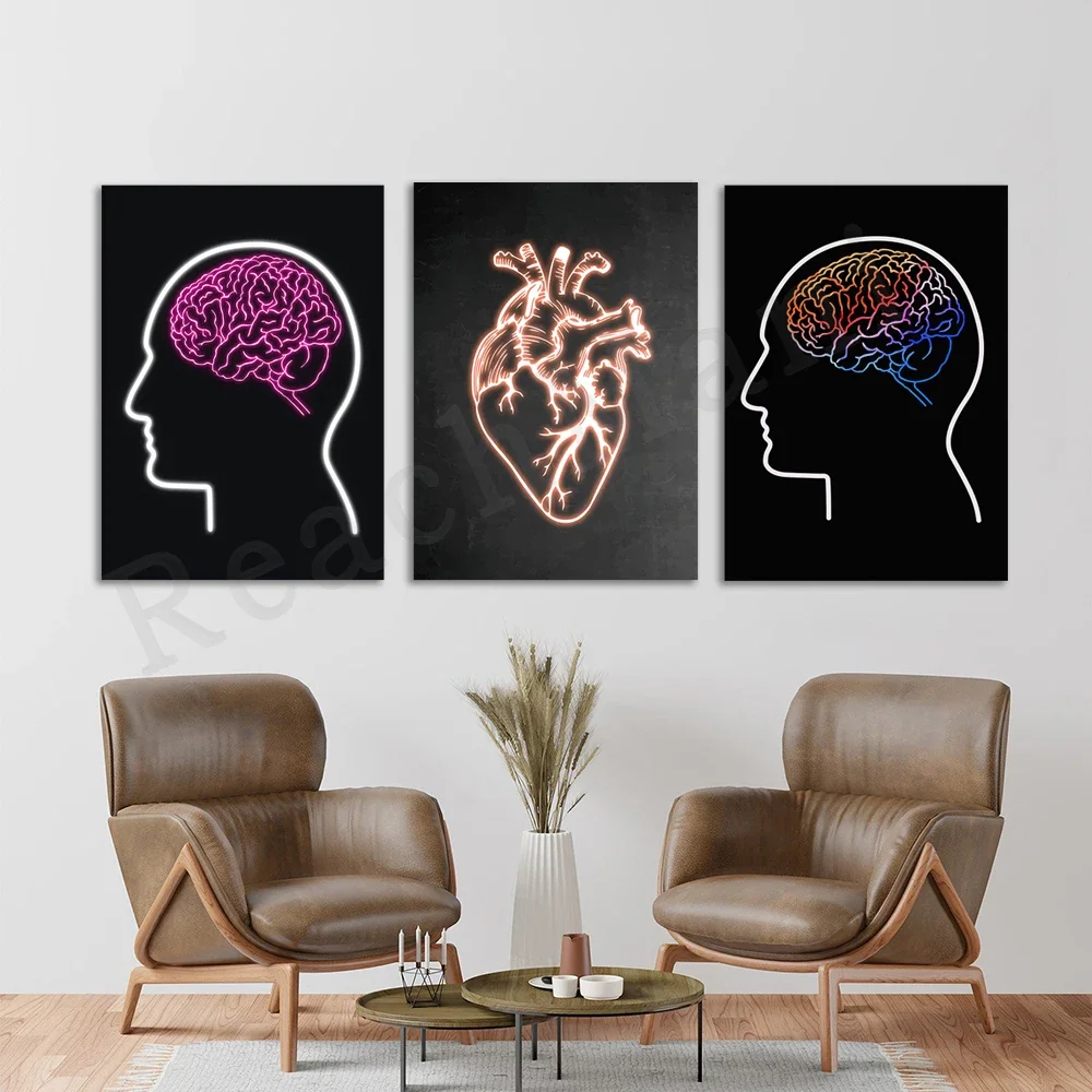 Neon Heart Brain Anatomy Medical Print Doctor Gift Poster Neurology Science Art Canvas Painting Picture