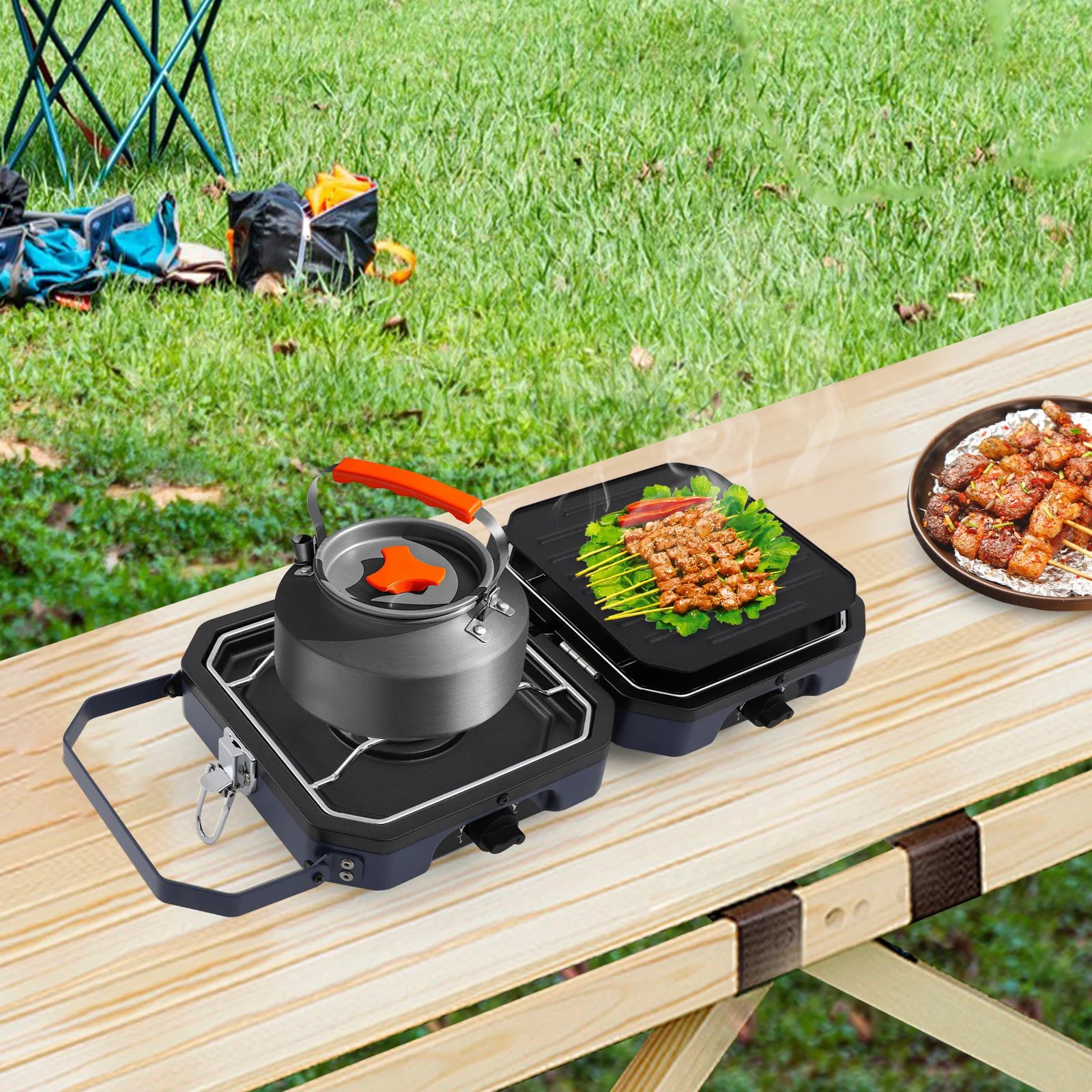 

Non-stick Coating Foldable Camp Stove with Grill Pan Dark Blue 2-Burners Portable Stove for Camping for BBQ Kitchens Parties