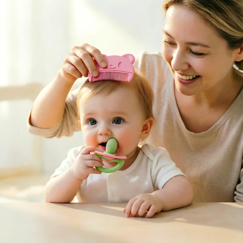 

6pcs/2pcs Baby Silicone Pacifier Teether Ring with Cute Bear Comb, Pacifier Type Teething Tool,Soft Molar Stick with Massage Dot