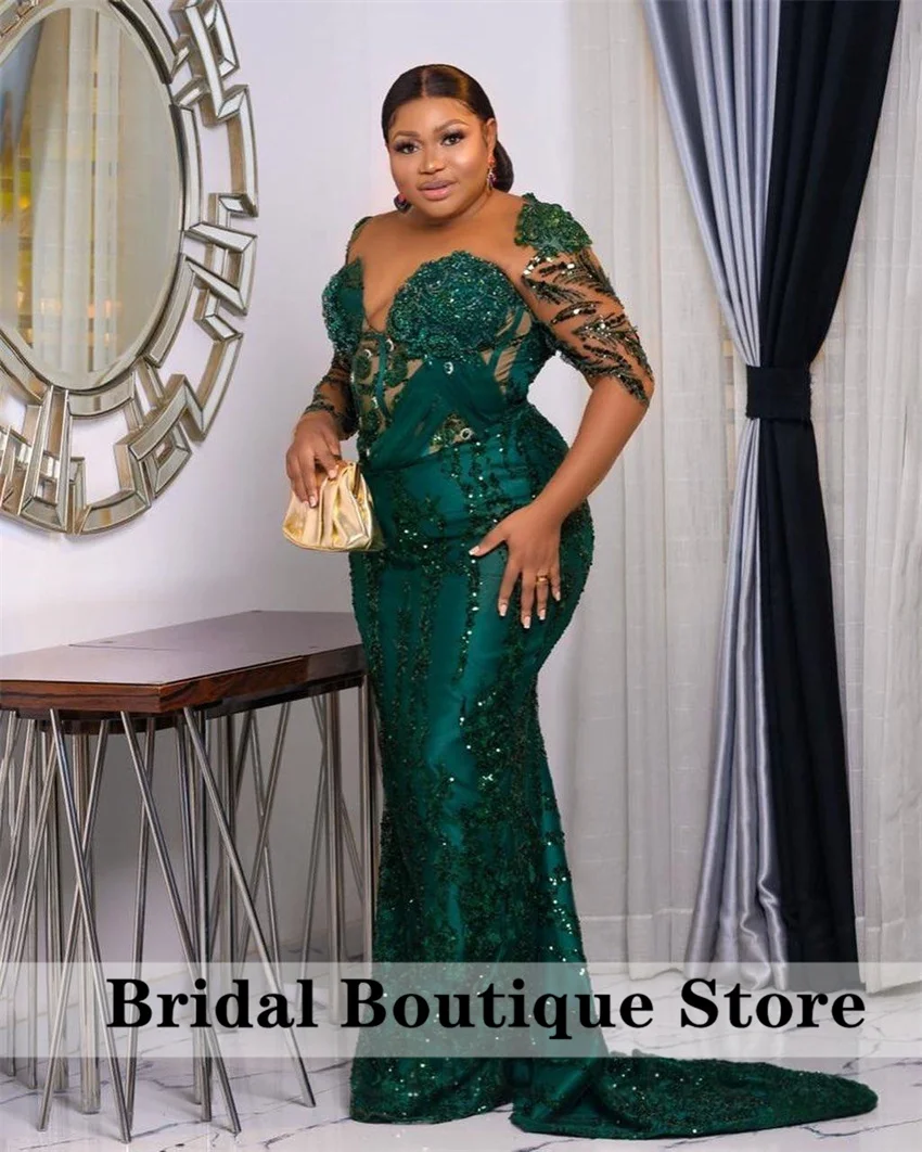 Sukienki na bal maturalny w stylu arabskim Aso Ebi plus size, zielone, koronkowe, zdobione koralikami i kryształami, wieczorowe, formalne, na przyjęcie, drugi przyjęcie weselne, urodziny, szyte na miarę.