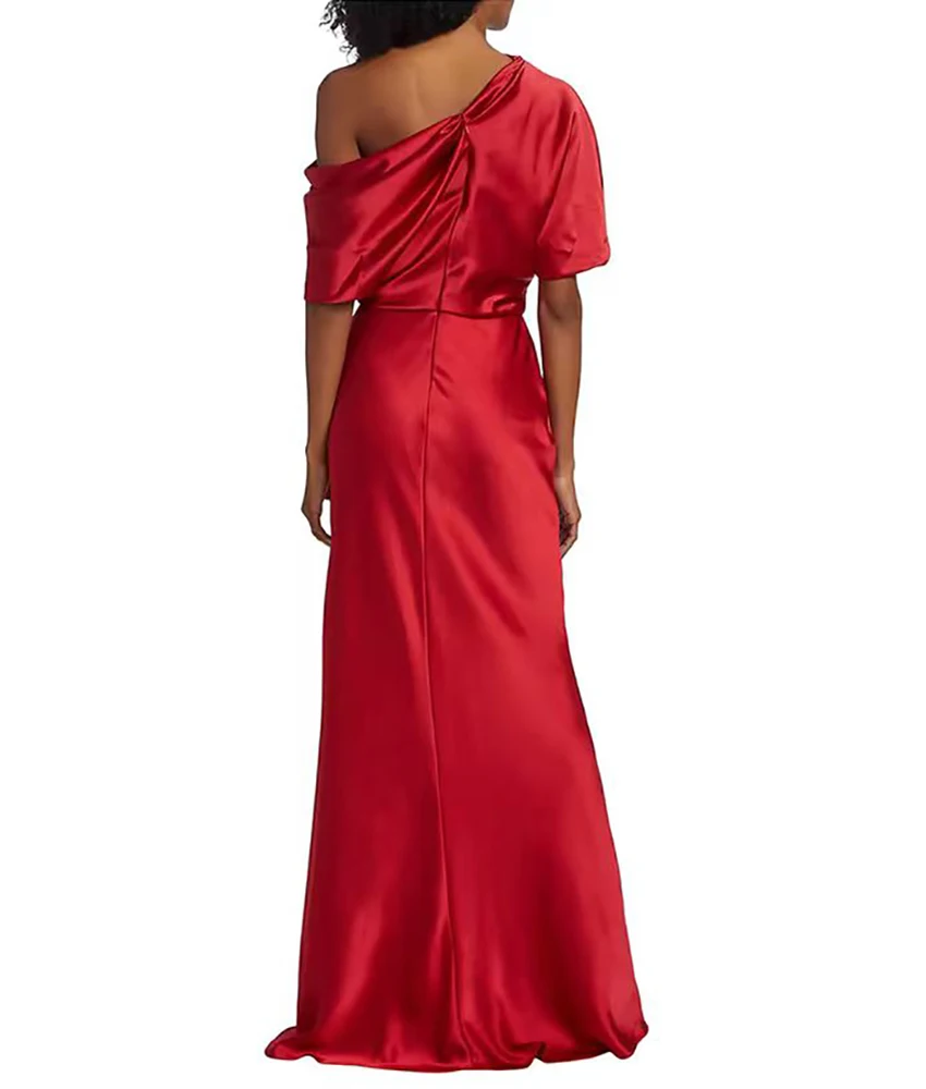 カスタマイズされた優雅なサテンマーメイドワンショルダーイブニングドレス気質ハーフスリーブフロアレングスウエディングドレスカスタムサイズ