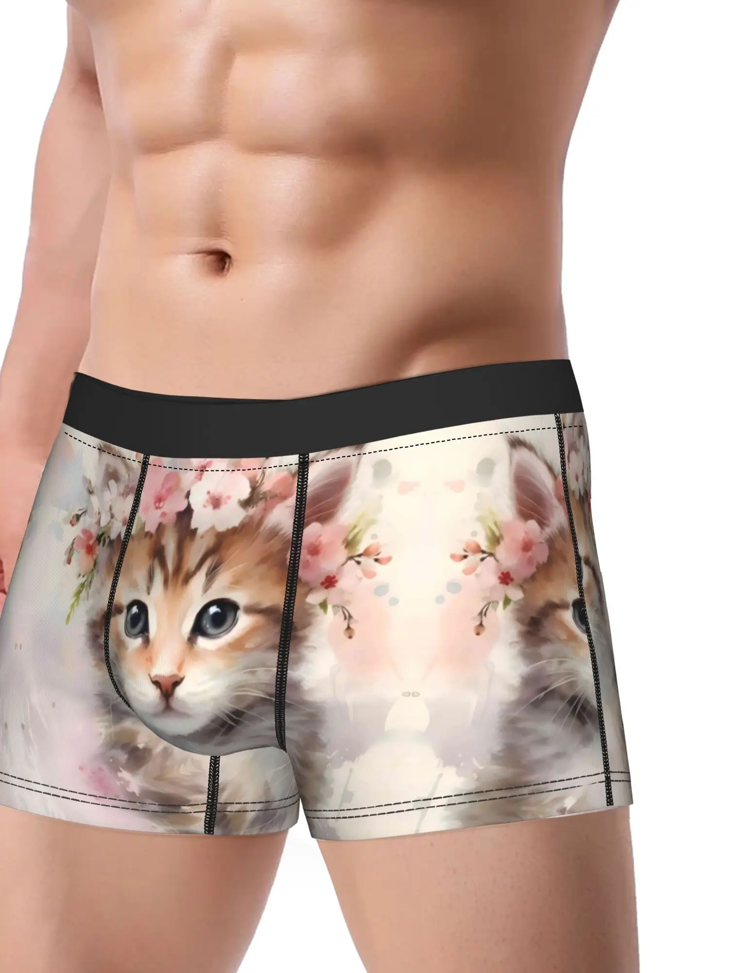 Boxer Briefs for Men Featuring a Cute Cat Design with Flowers in Watercolor Style